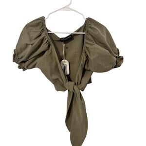 NWT Women's Green Tie Front Crop Top Short Sleeve INTHEBEGINNING Medium Puff Sl